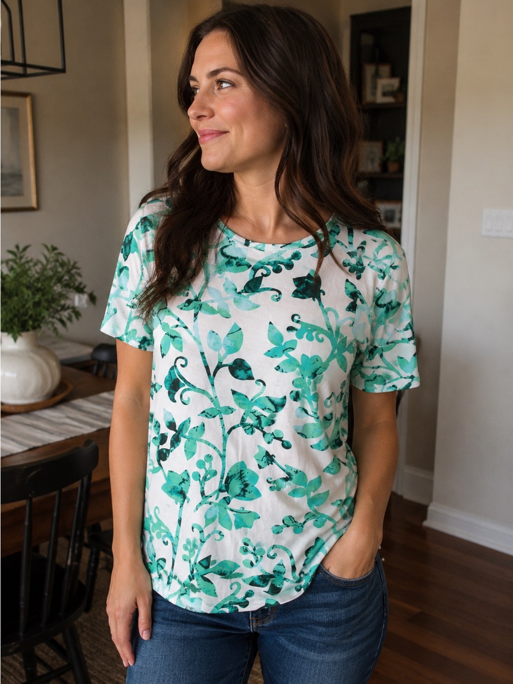 LulaRoe Green Floral & Ivy Print Tee